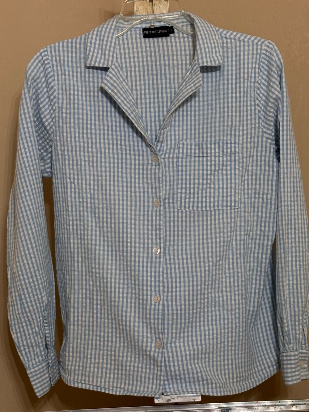 PrettyLittleThing Blue and White Gingham Button-Down PJ Top Sz Small